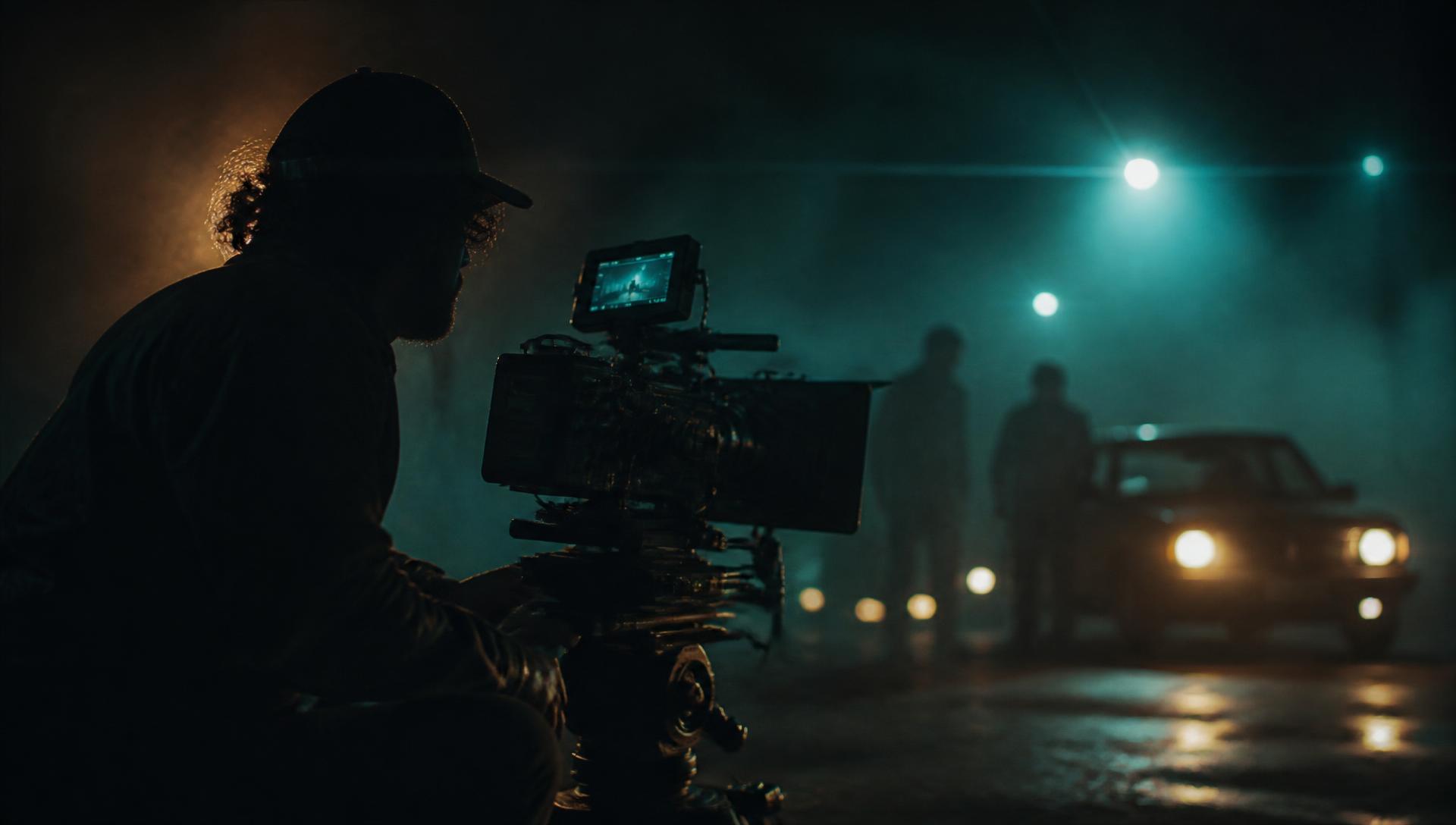 Creative director filming a night scene on a cinema camera
